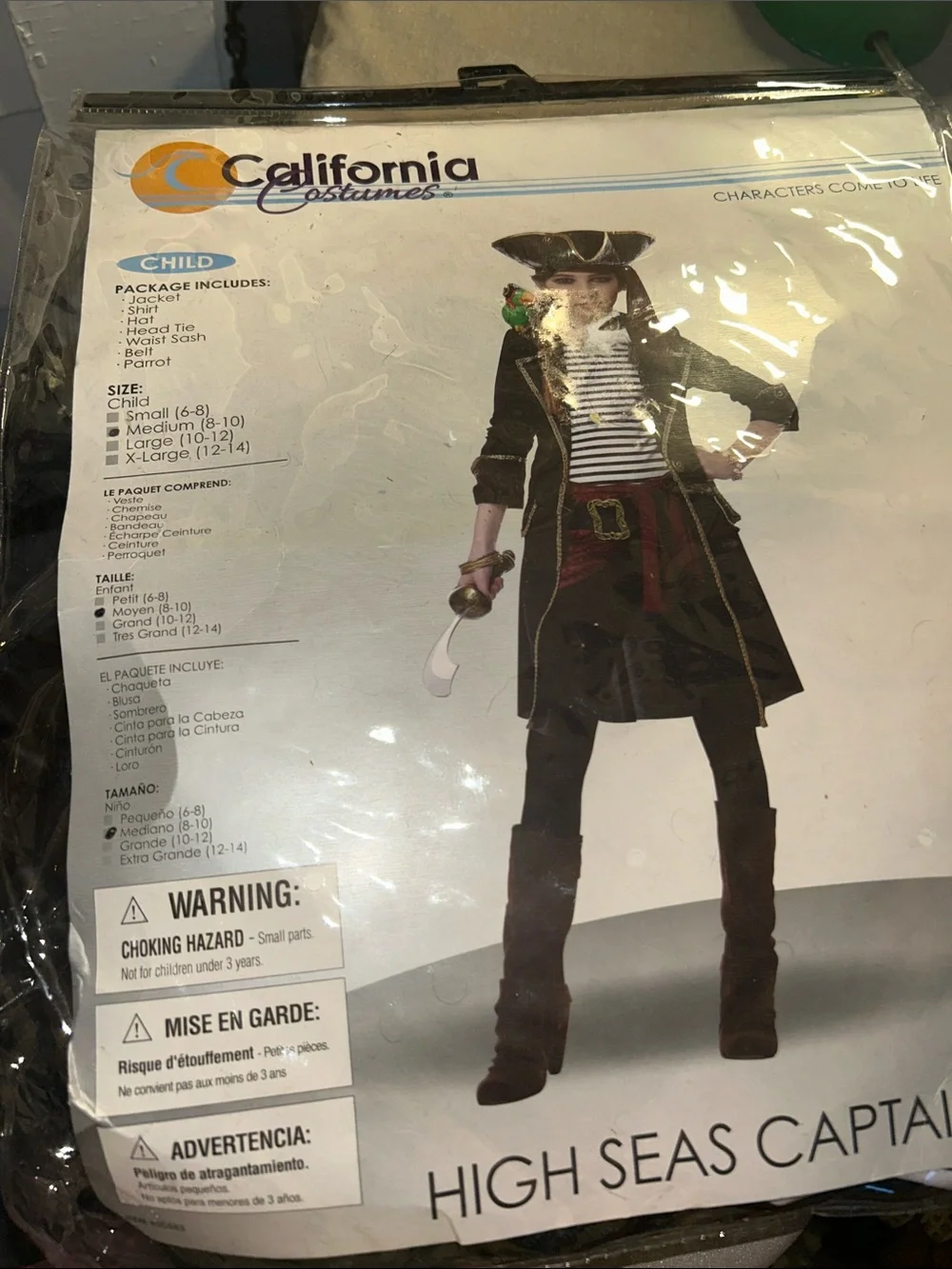 Kids Black Pirate Costume Coat with Gold Trim and Striped Shirt